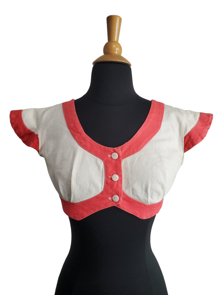 50s Crop Top in Cream and Red Cotton Twill - sm