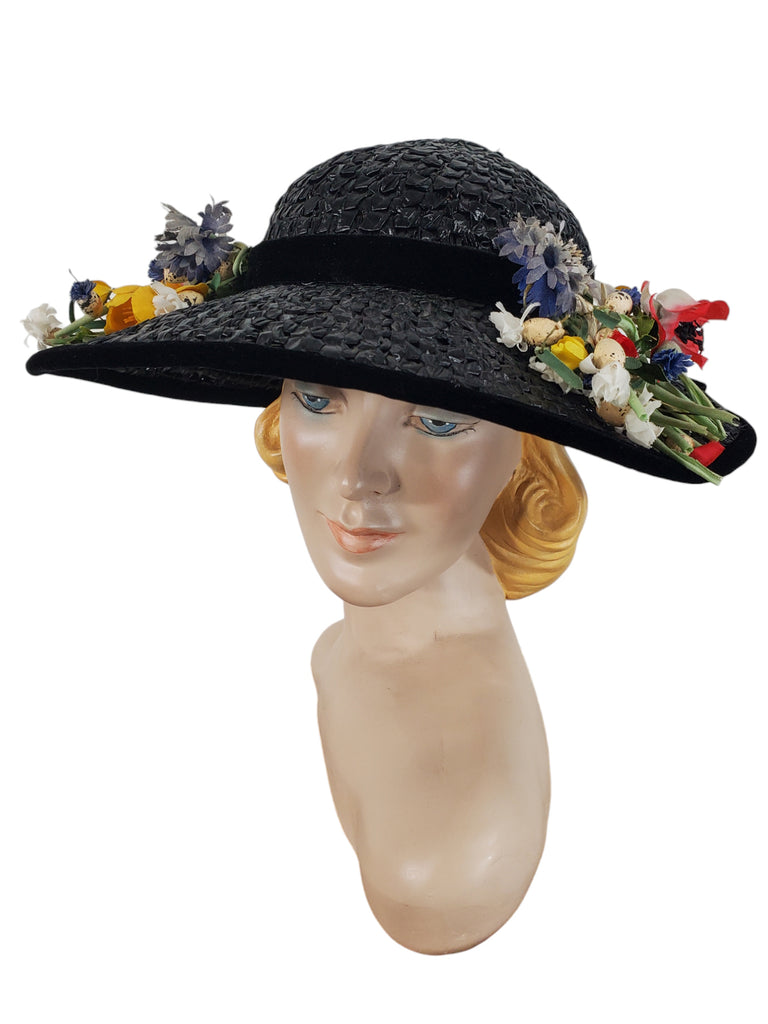 40s/50s Navy or Black Wide Brim Straw Picture Hat With Silk Floral