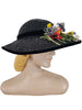 40s/50s Navy or Black Wide Brim Straw Picture Hat With Silk Floral