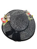 40s/50s Navy or Black Wide Brim Straw Picture Hat With Silk Floral