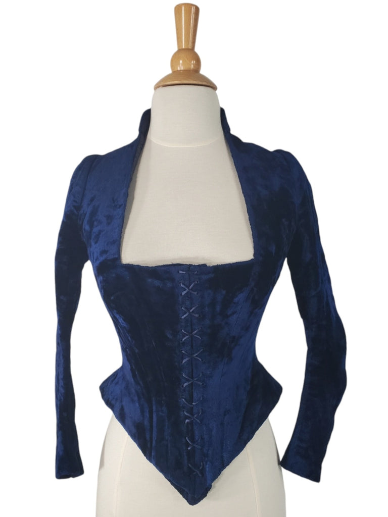 Antique Victorian Blue Velvet Corset Front Bodice - xs, sm