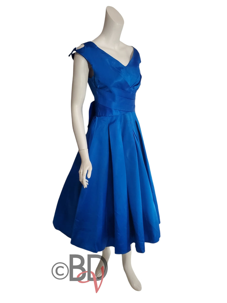 1950s Party Dress In Electric Blue Satin