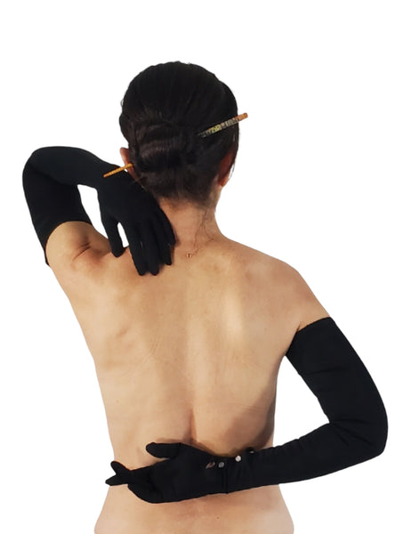 50s/60s Black Extra Long Opera Gloves on Person,  back view
