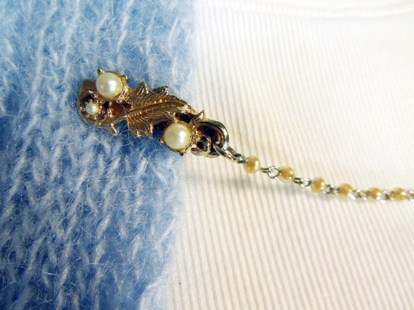 1940's Vintage Sweater Clips, Gold Flower Cream Pearl Sweater