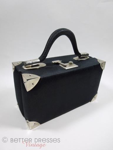Vintage Delill Black Vinyl Box Purse with Metal Brass Chrome Detailing,  Small Train Trunk Hard Case Purse