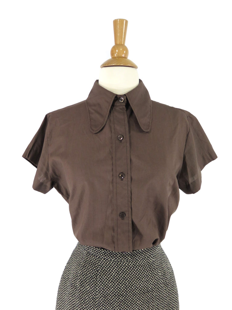 60s Brown Cotton Short Sleeve Blouse - sm, med – Better Dresses Vintage