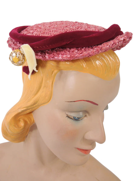 50s Fuchsia Straw Hat - side view with bakelite dangle