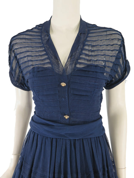 40s/50s Sheer Navy Blue Dress - close view