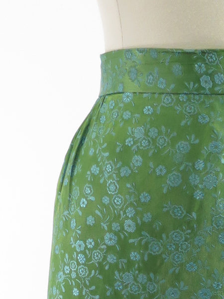 50s skirt green with blue floral satin brocade