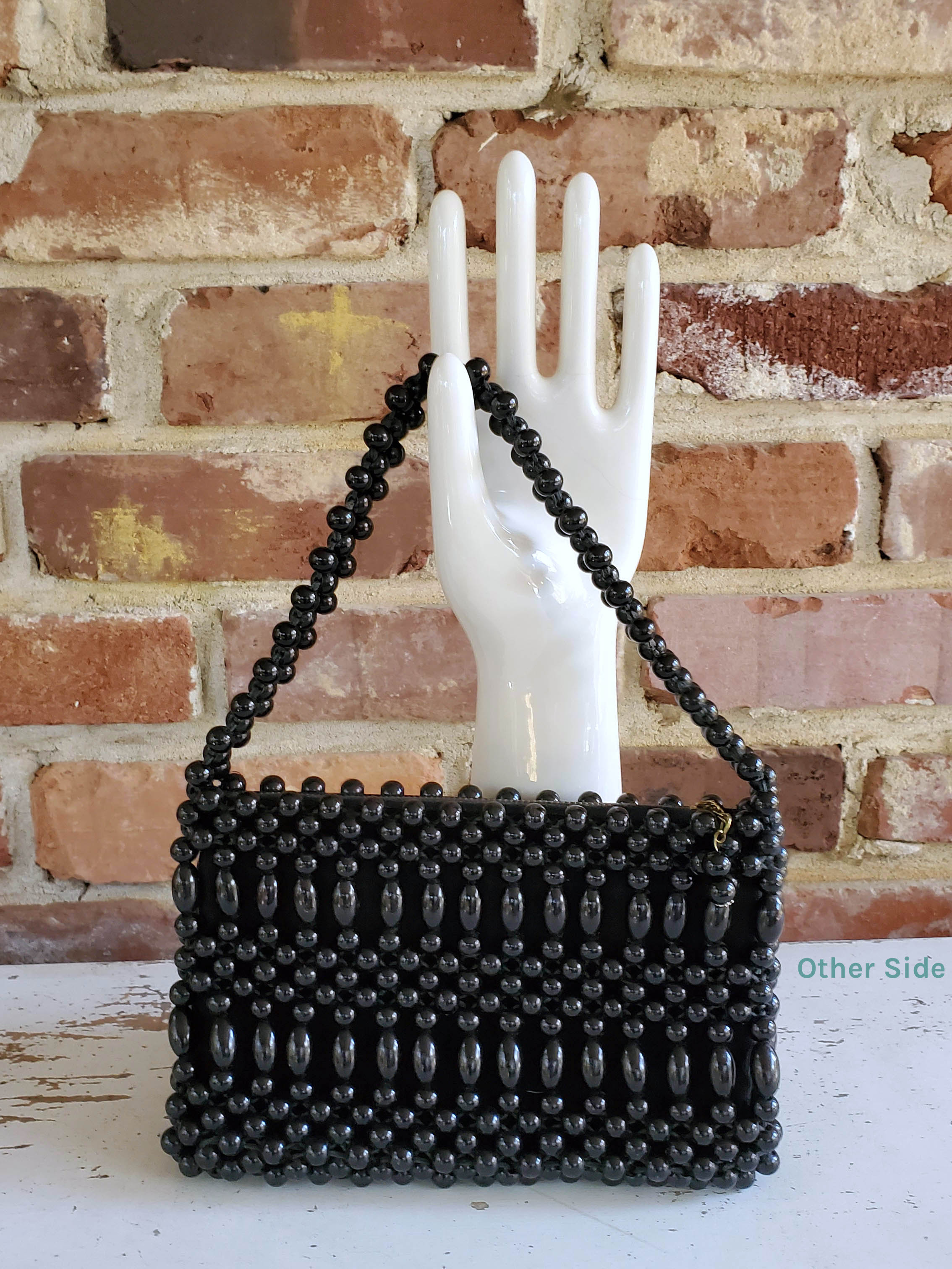 Vintage Black Beaded Purse With Bead Handle 60's Beaded 