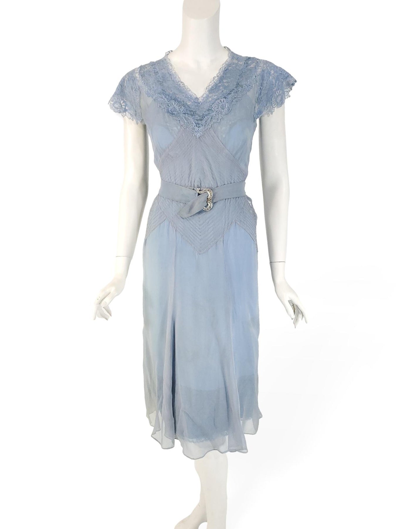 30s Dress, Belt & Bolero Set in Light Blue Silk Chiffon - xs, sm ...