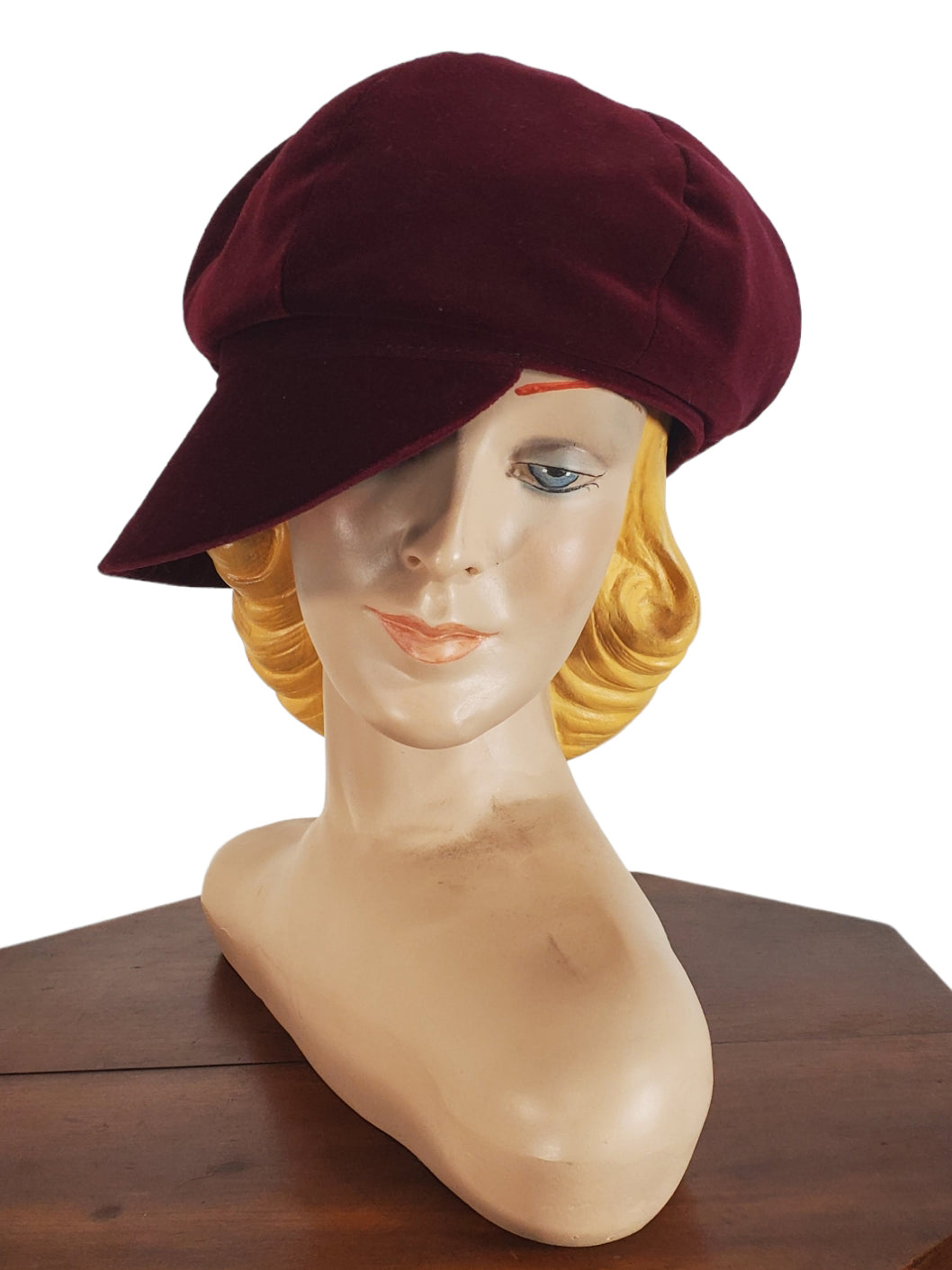 60s Burgundy Velvet Casquette or Gatsby Hat
